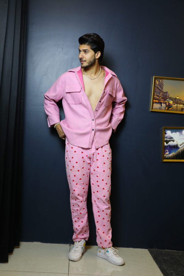 A99A1314 Pink Goa Beach Style Winter Jacket with Mini Red Heart Printed Trousers (Full Set)