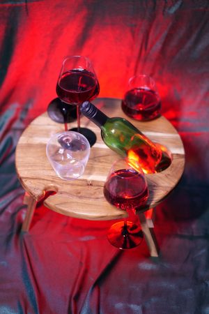 Wooden Wine Glass & Bottle Stand With 4 Glasses + 1 Bottle