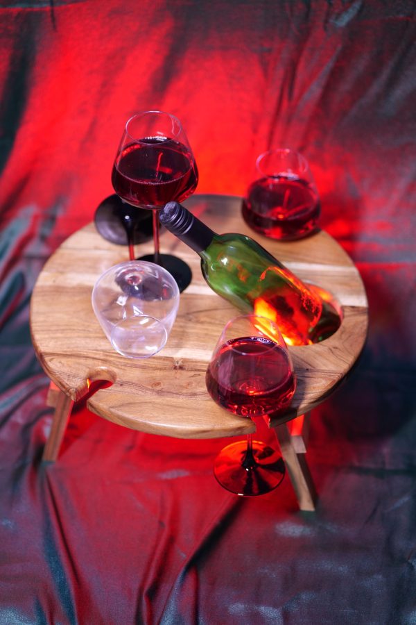 Wooden Wine Glass & Bottle Stand With 4 Glasses + 1 Bottle