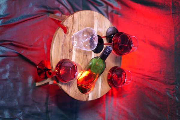 Wooden Wine Glass & Bottle Stand With 4 Glasses + 1 Bottle