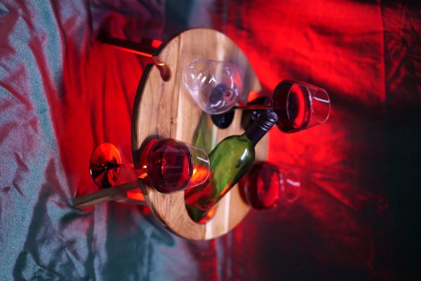 Wooden Wine Glass & Bottle Stand With 4 Glasses + 1 Bottle