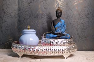 God Buddha Mini Statue With Silver Metal Made Mini Boul & Big Sized Silver Metal Made Trey