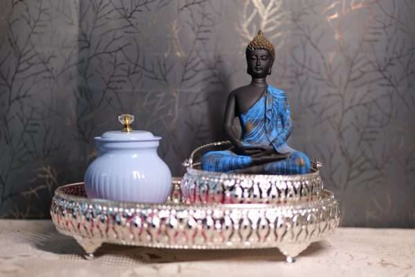 God Buddha Mini Statue With Silver Metal Made Mini Boul & Big Sized Silver Metal Made Trey