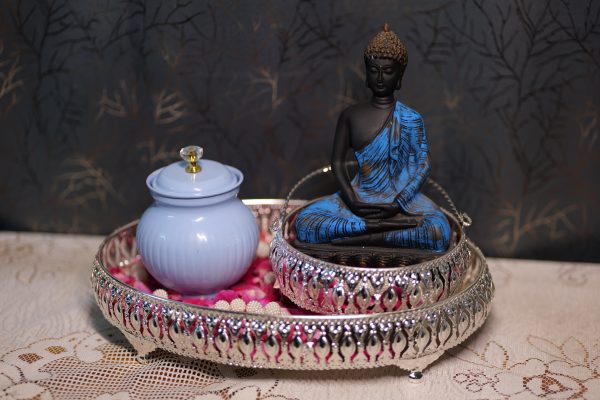 God Buddha Mini Statue With Silver Metal Made Mini Boul & Big Sized Silver Metal Made Trey