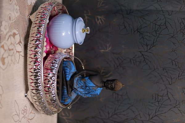 God Buddha Mini Statue With Silver Metal Made Mini Boul & Big Sized Silver Metal Made Trey