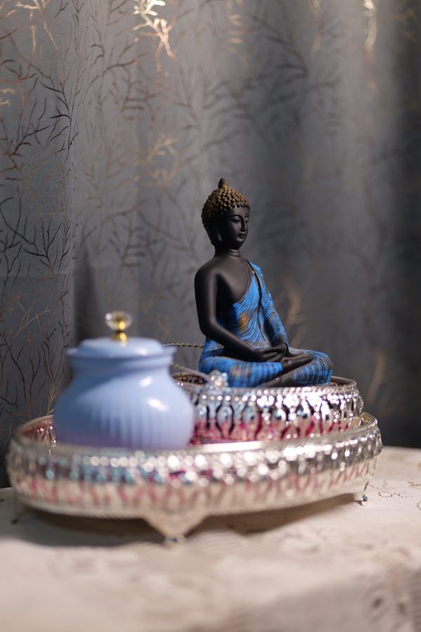 God Buddha Mini Statue With Silver Metal Made Mini Boul & Big Sized Silver Metal Made Trey