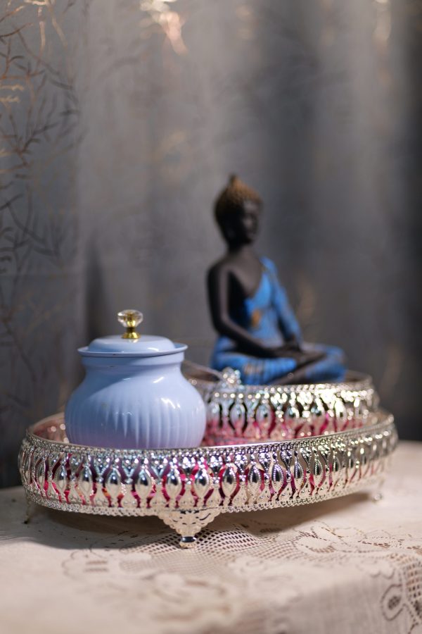 God Buddha Mini Statue With Silver Metal Made Mini Boul & Big Sized Silver Metal Made Trey