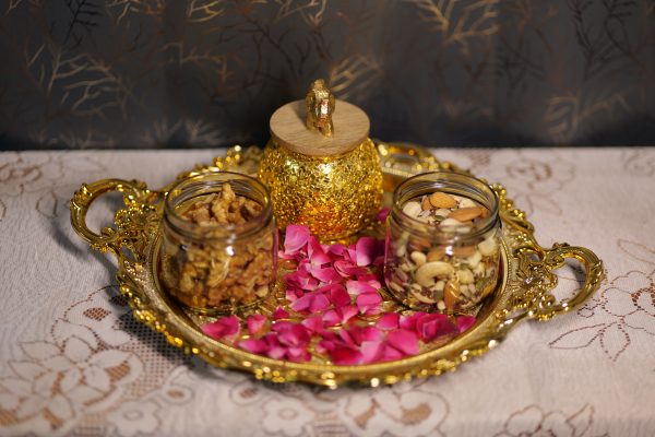 Dry Fruits Set With Golden Traditional Trey (Fiber Made)